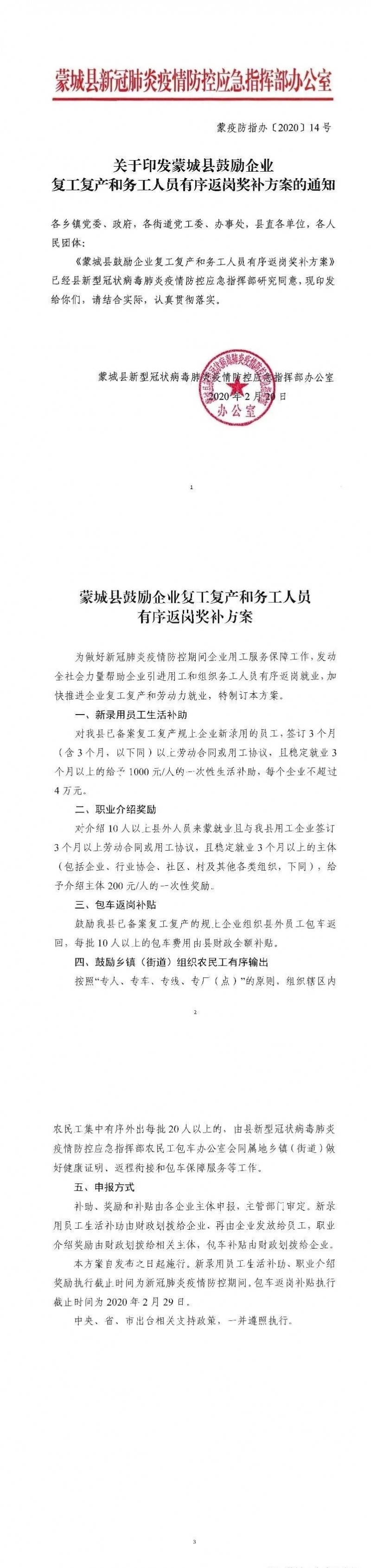 關于印發(fā)蒙城縣鼓勵企業(yè)復工復產和務工人員有序返崗獎勵方案的通知(圖1)